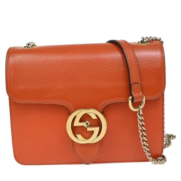 GUCCI Logo Interlocking G Mini Chain Shoulder Bag Leather Orange GHW 90EF498 - Picture 1 of 16